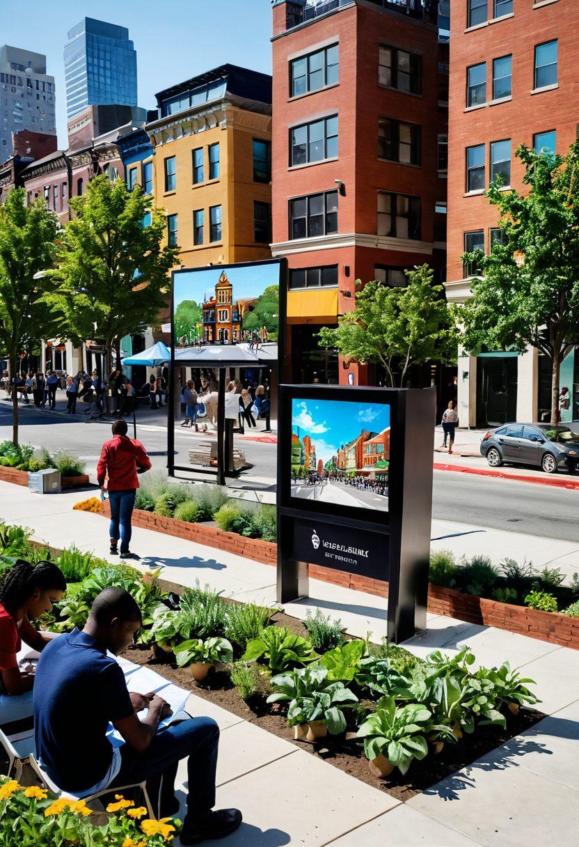 A dynamic cityscape featuring diverse community members engaged in local governance activities, such as town hall meetings and community gardens. Include innovative technology elements like digital voting kiosks and interactive community boards that foster civic engagement. Surrounding this scene, vibrant murals representing local culture and heritage can be seen. The atmosphere should radiate a sense of collaboration and hope for community development. super-realistic. vibrant colors.