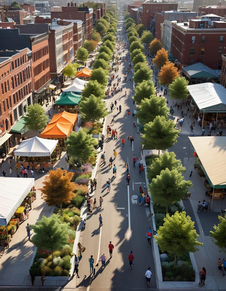 A vibrant cityscape showcasing diverse communities engaged in various activities like a farmer's market, community meetings, and parks filled with families. Include elements of effective local administration such as city planners discussing maps, volunteers assisting residents, and green urban spaces promoting sustainability. The image should radiate warmth, collaboration, and growth, emphasizing the importance of local governance in urban settings. super-realistic. vibrant colors. 3D.