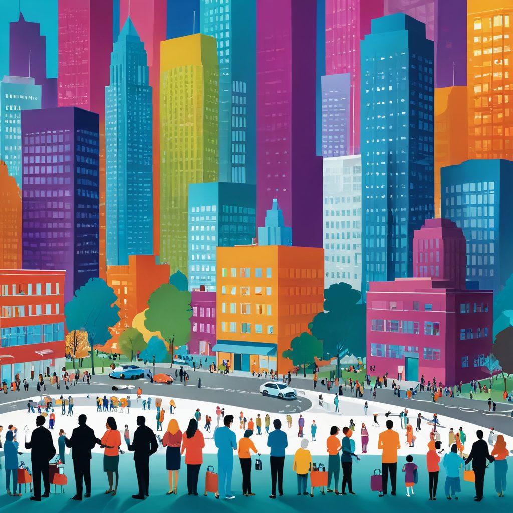 A vibrant cityscape depicting community engagement, featuring diverse citizens participating in a town hall meeting, with transparent government buildings showcasing active public service. Icons of technology and communication models are interspersed, symbolizing innovation in governance. Bright, hopeful colors to convey progress and collaboration. super-realistic. vibrant colors.